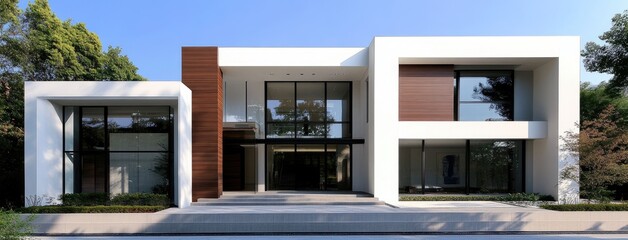 Newly built house features white walls, dark accents, and a small garage, set amid a clear blue sky and surrounding homes.