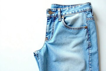 Light wash denim jeans, casually draped on white , drape, casual