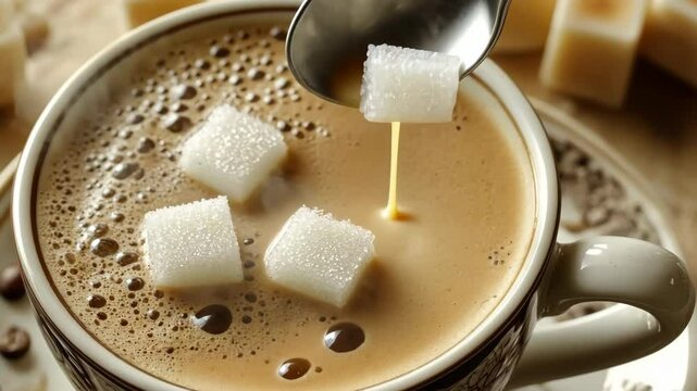Pouring sugar into a cup of coffee. Pour cane sugar from spoon into cup of tea. Spoon mixing coffee. Person stir sugar into Cappuccino sweetening his drink. Sugar cubes falling to hot drink. Close-up.