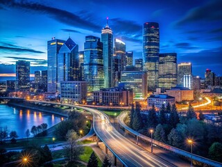 Fototapeta premium Calgary Downtown Aerial Blue Hour Long Exposure Photography