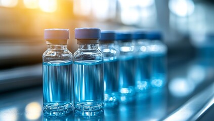 Medical glass vials advancing through the production line at a pharmaceutical facility