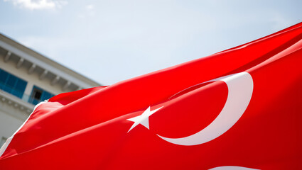 Naklejka premium The vibrant red Turkish flag billows in the wind against a backdrop of a bright blue sky and architecture.
