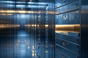 A long hallway of metal deposit boxes with a soft glow