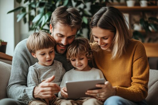 Happy young family having fun time at home. Parents with children using tablet, Generative AI
