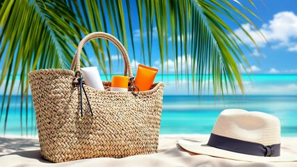 Straw Beach Bag and Hat on White Sand with Turquoise Ocean for Tropical Escape