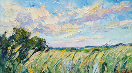 A serene countryside scene with thick grass bending in the breeze, colorful strokes blending olive and jade tones, expressive sky filled with sculpted clouds in blue and ivory hues