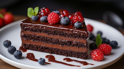Chocolate layer cake with berries, drizzled with sauce. Delicious!