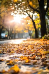 A serene autumn scene featuring a sunlit pathway covered in vibrant yellow and orange leaves, with trees lining the sides and a soft glow in the background, evoking a peaceful atmosphere