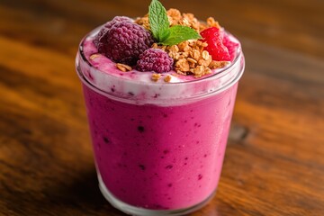 Delicious berry smoothie topped with granola and fresh fruit served in a glass at a cozy caf&eacute;