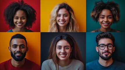 Collage of ethnically diverse young adults smiling on colorful backgrounds for HR marketing, diversity hiring campaigns, and inclusive branding in bold pop-art color palette