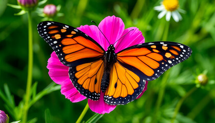 Obraz premium Monarch Butterfly on Pink Cosmos Flower in a Garden