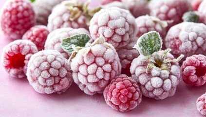 Raspberries, frozen and arranged against a pink backdrop, offer a sweet and delicious taste, embodying organic and healthy nutrition