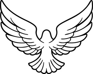 Obraz premium A simple, stylized illustration of a bird in flight, showcasing detailed wings spread wide against a plain background.