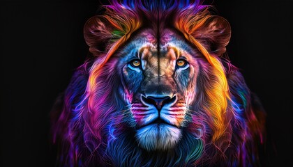 colorful lion portrait with neon abstract strokes on black background digital art featuring vibrant colors and expressive details generative ai