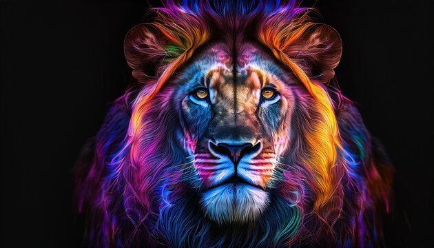 colorful lion portrait with neon abstract strokes on black background digital art featuring vibrant colors and expressive details generative ai