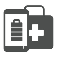 Obraz premium Smartphone and first aid kit solid icon, eco tourism concept. Vector graphics. Charged phone with medicine briefcase sign on white background, glyph style icon for mobile or web design.