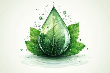 Vibrant watercolor-style illustration of a green and yellow leaf splashing into water with dynamic droplets on white background Generative AI
