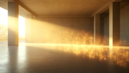 Golden Light Illuminates Empty Concrete Room Creating Surreal Scene