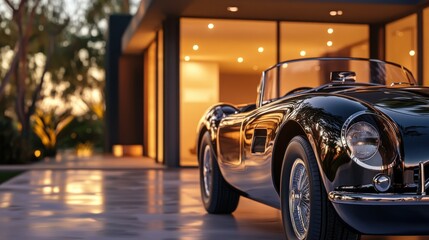 Sleek Black Vintage Car at Luxurious Residence
