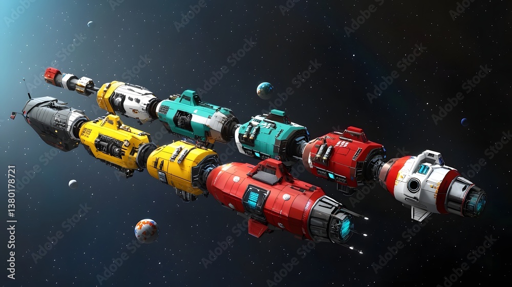 Poster A complex modular spaceship design concept with various components and modules floating in a cosmic setting with distant planets stars and celestial objects
