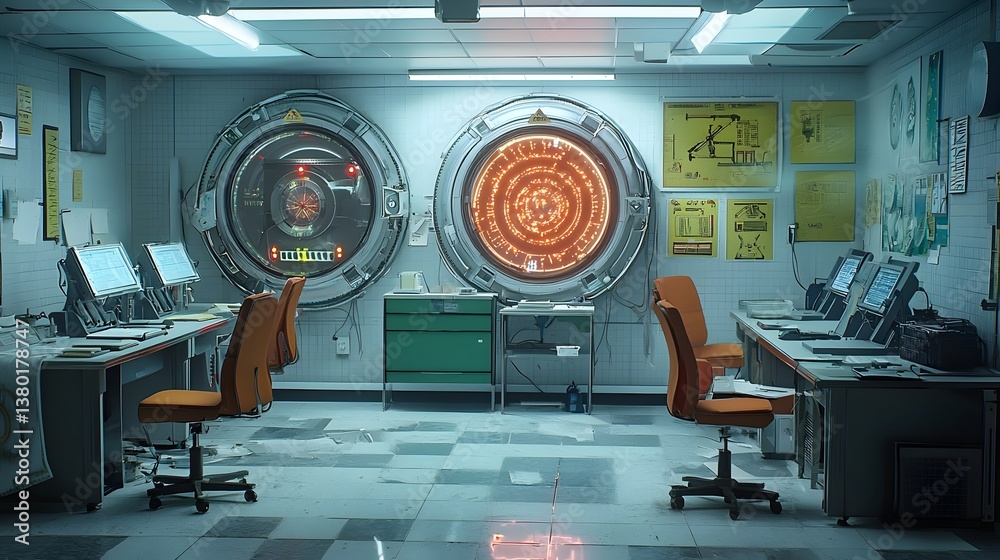 Poster a complex retro futuristic interior of a time travel research facility filled with advanced technolo