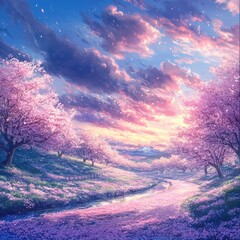 A serene landscape depicting blooming cherry blossom trees along a tranquil river during sunset, with vibrant colors illuminating the sky and creating a peaceful atmosphere