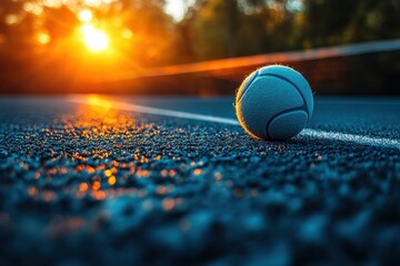 Tennis ball resting on court at sunset, casting shadows and light in warm hues