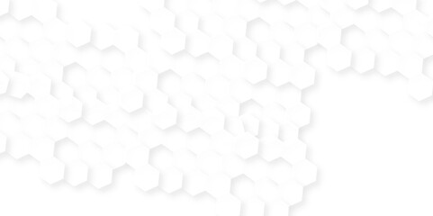 Minimal white hexagonal hexagon modern technology creative emboss light honeycomb polygonal web. abstract geometric science and mosaic tile with template texture background.	