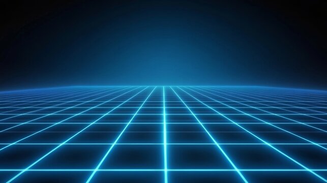 A background featuring an abstract blue grid with lighting, showcasing a high-tech landscape of interconnected lines representing the future