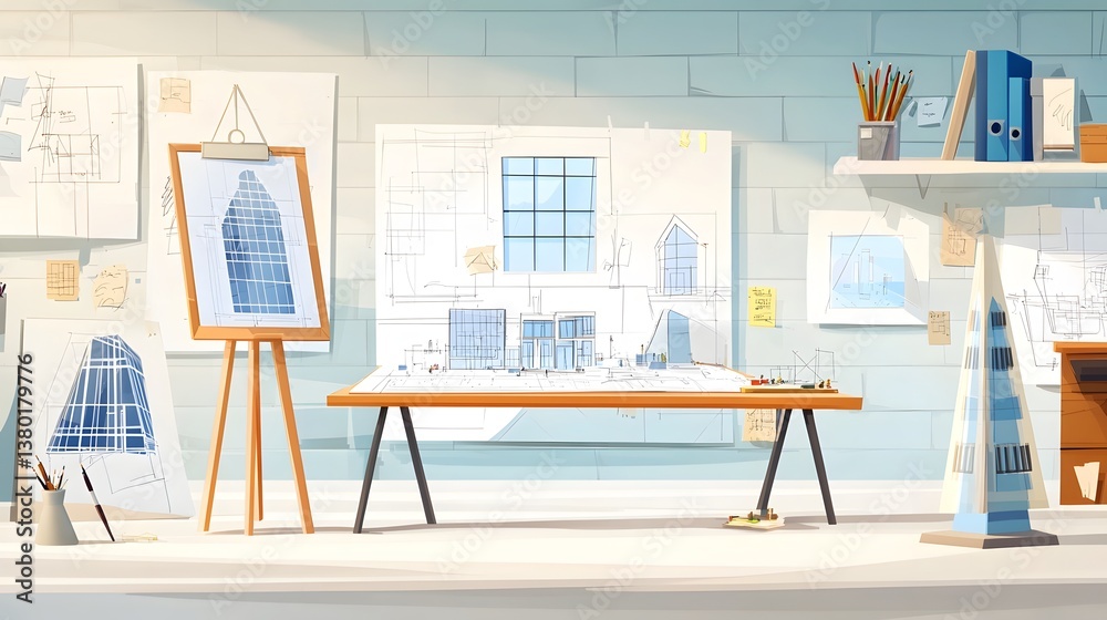 Poster a cozy and organized architect s workspace featuring drafting tables blueprints and miniature buildi