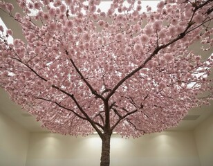 A majestic pink cherry blossom tree fills the bright indoor space with beauty and tranquility.