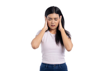 Young Asian woman holding her head in pain, feeling stressed or having a headache, isolated on...
