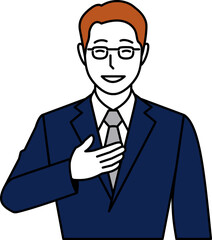 お任せください。と胸に手を当てるスーツの男性