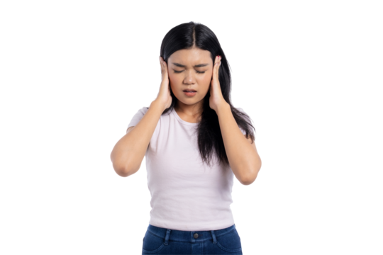 Young Asian woman holding her head in pain, feeling stressed or having a headache, isolated on transparent background