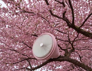 A unique blend of nature and innovation: a loudspeaker nestled among vibrant pink cherry blossoms.