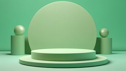 A serene abstract composition with spheres and cylinders in tranquil shades of green.