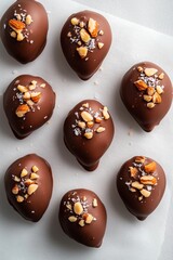 Chocolate-covered strawberries with crushed nuts presented on a clean surface for a delicious dessert display