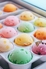 Colorful variety of ice cream scoops displayed in cups at a dessert shop in summer