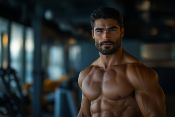 Handsome muscular man posing in gym, standing in modern sport club interior and smiling at camera, advertising healthy lifestyle, Generative AI