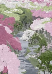 A serene landscape showcasing a vibrant river flowing through a lush valley adorned with blooming cherry blossom trees in various shades of pink and white, surrounded by green foliage