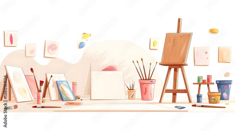 Poster a cozy and well organized studio filled with an assortment of painting tools brushes canvases and a 