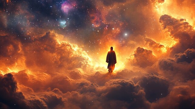 Otherworldly representation of Enoch's ascent to heaven amidst swirling cosmic energies