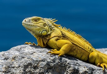 Fototapeta premium Stunning Yellow Iguana on Rocky Outcrop Against a Blue Background, Nature Photography.