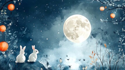 Watercolor illustration of a full moon with rabbits celebrating Mid-Autumn Festival