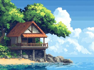 A serene pixel art depiction of a cozy beach house nestled among lush greenery, overlooking a tranquil sea under a clear blue sky, ideal for relaxation or vacation themes