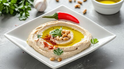 Delicious hummus plated with olive oil, spices, and garnished with parsley and pepper.