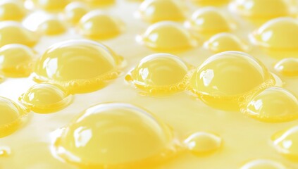 Close-up of golden oil droplets. Silky bubble texture. Facial serum for skincare