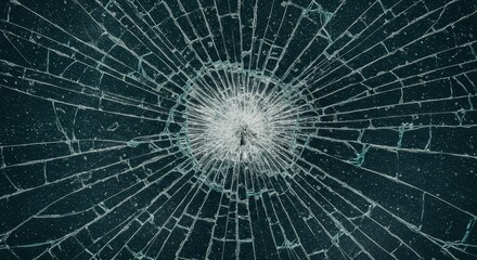 Fototapeta premium Shattered Glass Texture - Close-up view of a shattered glass pane, showing a complex network of cracks radiating from the impact point. Dark teal background