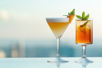 Enjoying refreshing cocktails with a stunning city skyline view in the background during golden hour