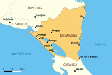 Obraz premium Vector Map of Nicaragua with Major Cities and Neighboring Countries – Editable Digital Illustration